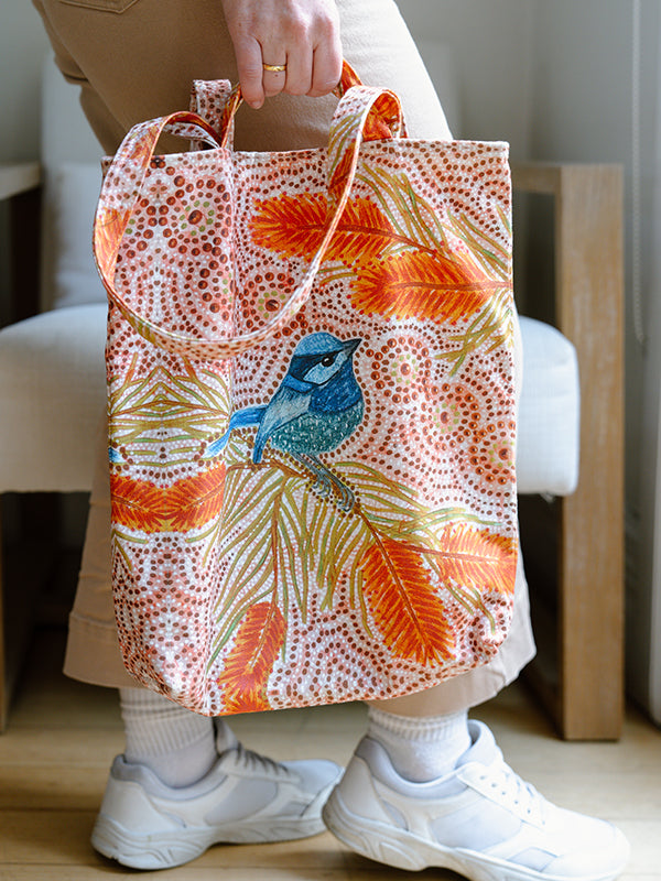 Aboriginal Blue Wren Double Handled Tote Bag