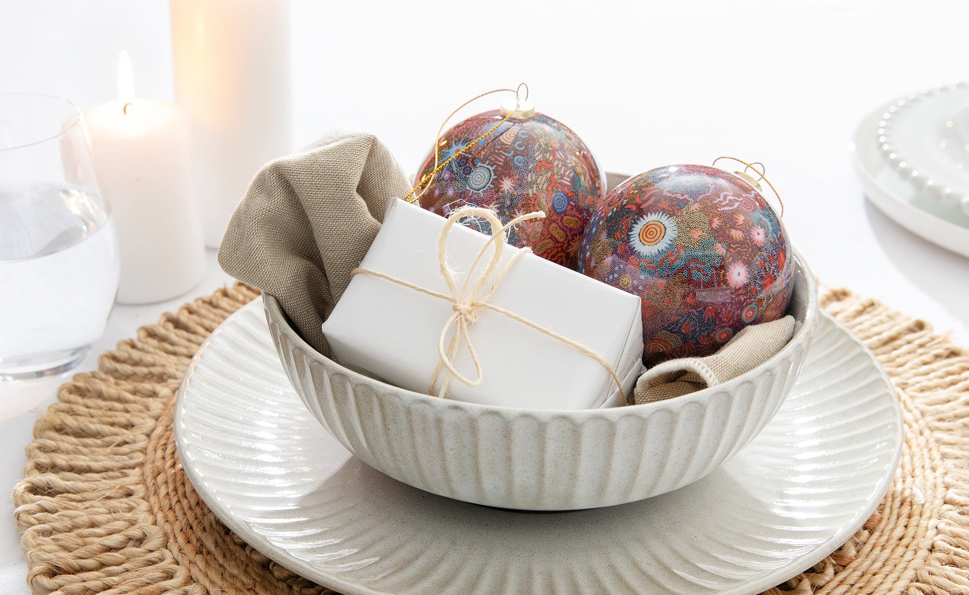 Christmas decor display with Aboriginal artwork