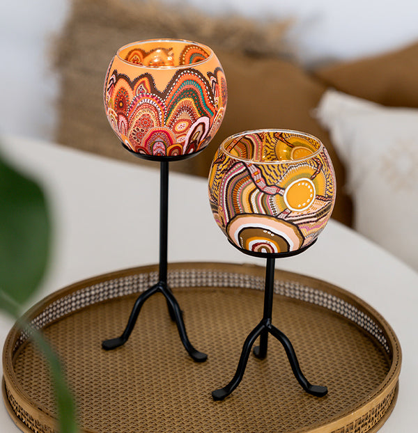 Unique gifts for her, Aboriginal Art candle holders and cast iron stands from Koh Living