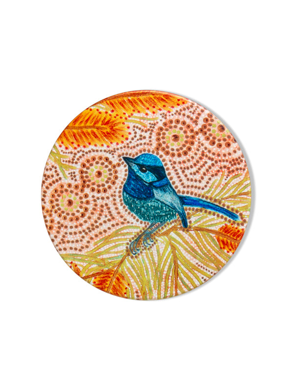 Aboriginal Blue Wren Ceramic Coaster