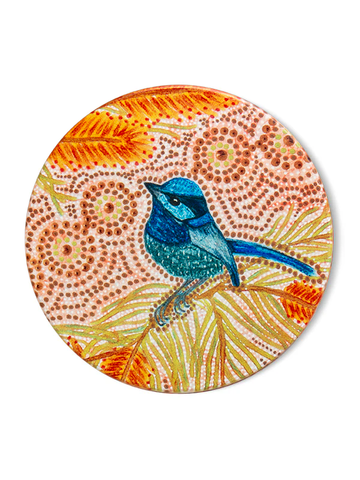 Aboriginal Blue Wren Ceramic Coaster