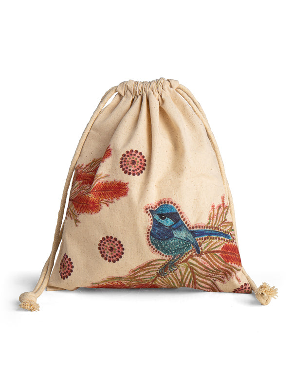 Aboriginal Blue Wren Cotton Bag 29cm