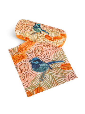 Aboriginal Blue Wren Hard Shell Glasses Case and Lens Cleaner Set