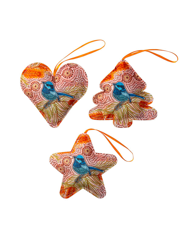 Aboriginal Blue Wren 3Pack Christmas Ornaments