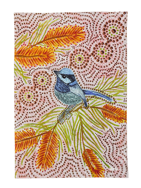 Aboriginal Blue Wren Cotton Tea Towel