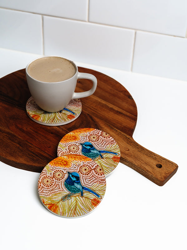 Aboriginal Blue Wren Ceramic Coaster