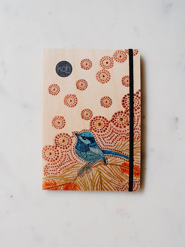 Aboriginal Blue Wren Wood Cover Journal