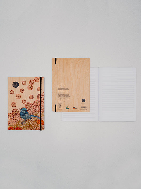 Aboriginal Blue Wren Wood Cover Journal