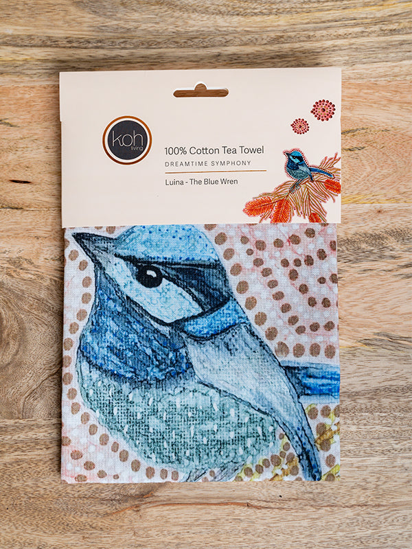 Aboriginal Blue Wren Cotton Tea Towel