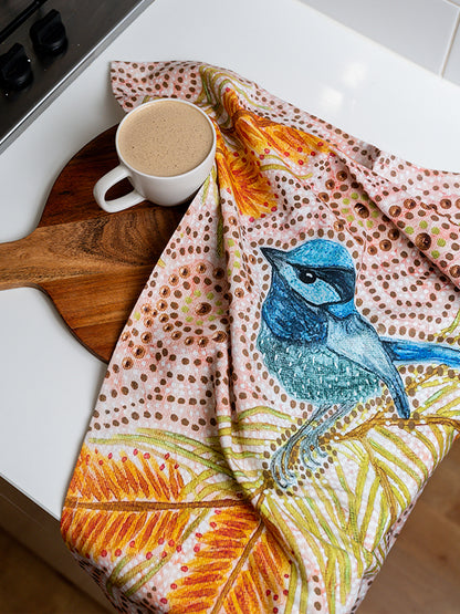 Aboriginal Blue Wren Cotton Tea Towel