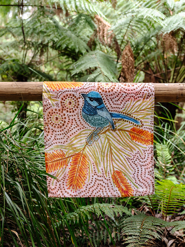 Aboriginal Blue Wren Cotton Tea Towel