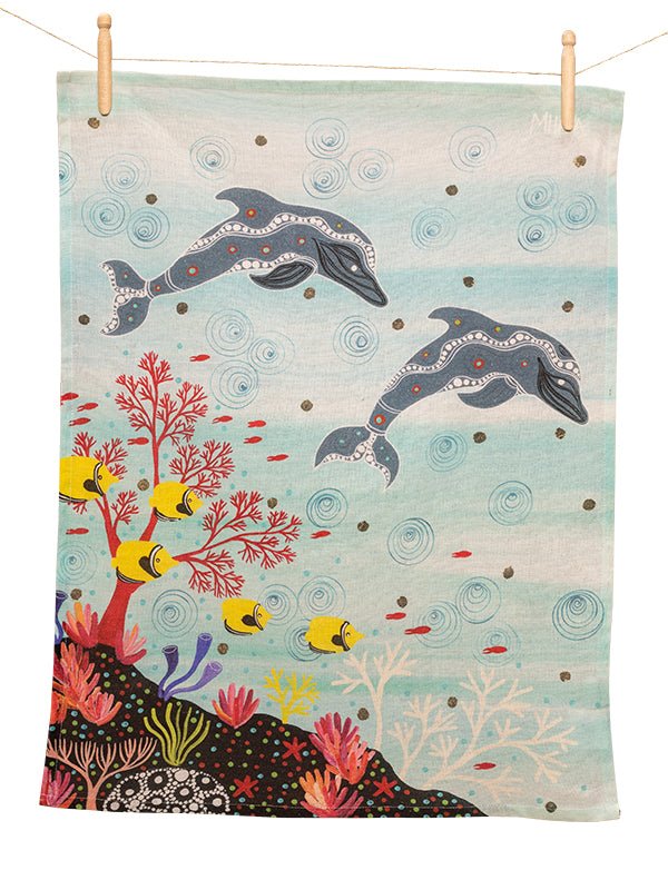 Aboriginal Dolphin Cotton Tea Towel - Koh Living